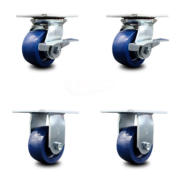 4 Inch Solid Poly Caster Set with Ball Bearing 2 Brakes and 2 Rigid SCC